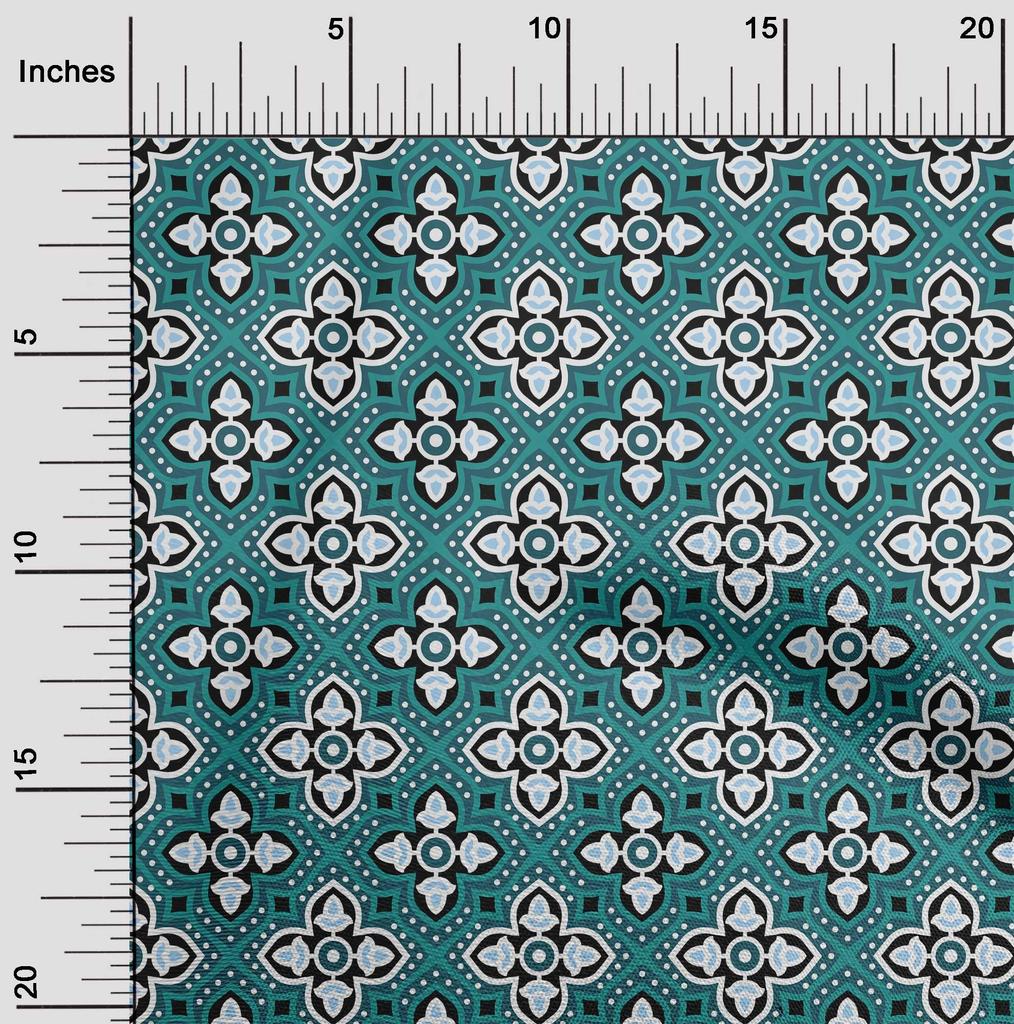 oneOone Cotton Flex Dark Teal Green Fabric Asian Block Print Traditional Geometric Quilting Supplies Print Sewing Fabric By The Yard 40 Inch