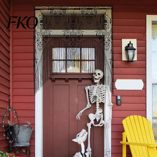Breathable Porch Curtain Halloween Spooky Window Valance, Skull And Bat Pattern Sheer Lace Curtain, Detailed Valance Light Filtering Gothic for Living