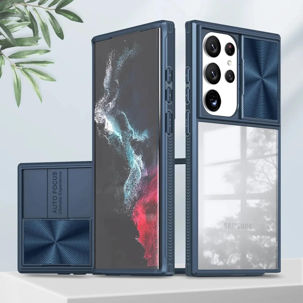 Прозрачный чехол с защитой объектива камеры-слайдера для Samsung Galaxy S25 S24 S23 S22 Ultra Plus S24FE S23FE A55 A15 Противоударный чехол