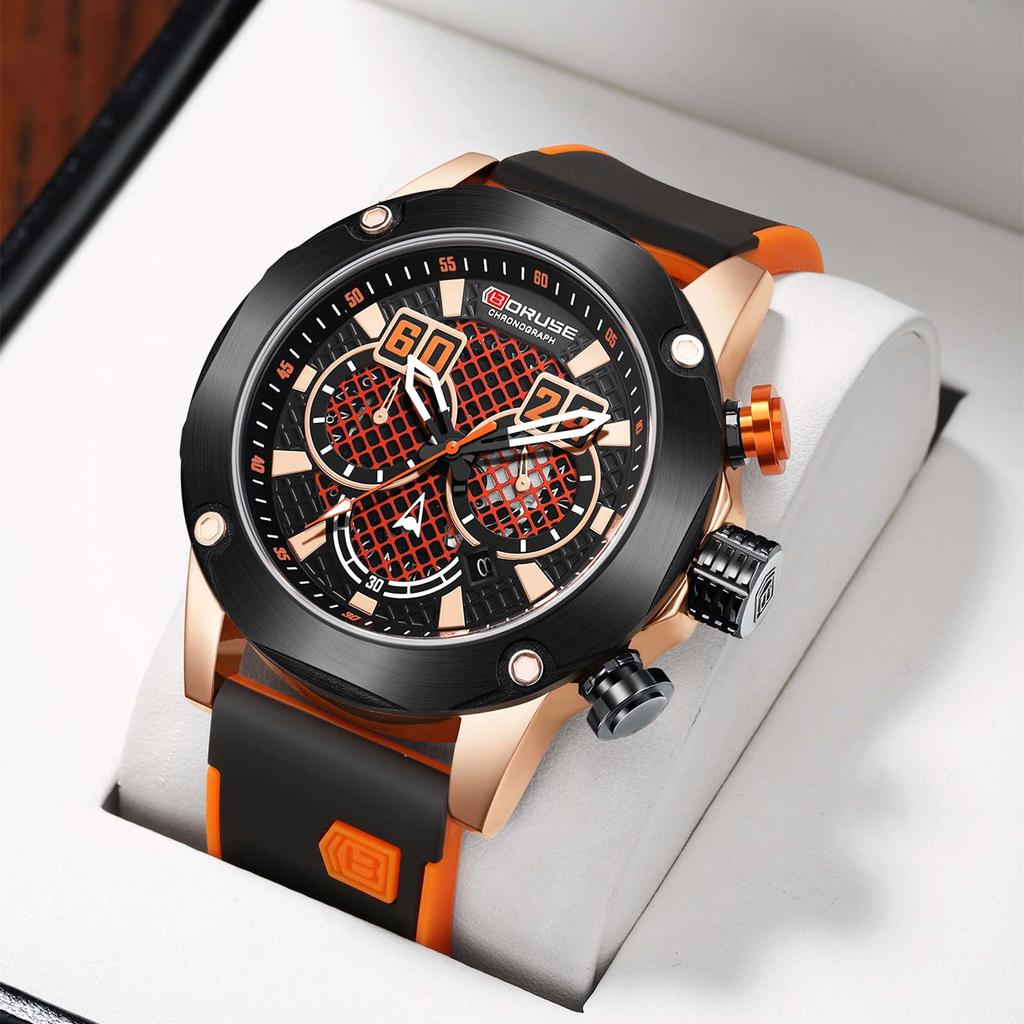BORUSE Large Dial Men's Watch Sports Chronograph Waterproof Quartz Watch Luxury Leisure Watch Simulate Hollow Men's Watch Silicone Strap Watch for Men