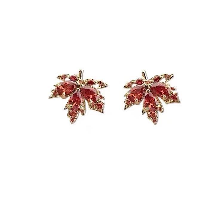 S911 silver needle zircon red maple leaf earrings female Mori temperament high-end earrings niche personality autumn and winter new models