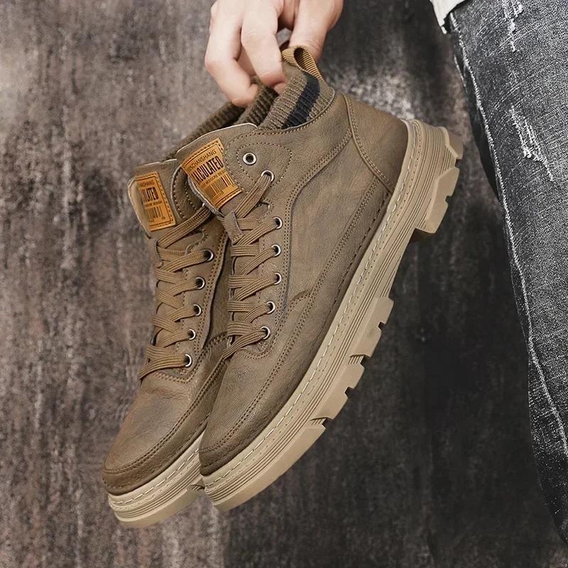 Осенние мужские ботинки, качественная кожаная мужская повседневная обувь, высокие мужские ботинки на толстой подошве, мужские мокасины в британском стиле, Botas Para Hombre