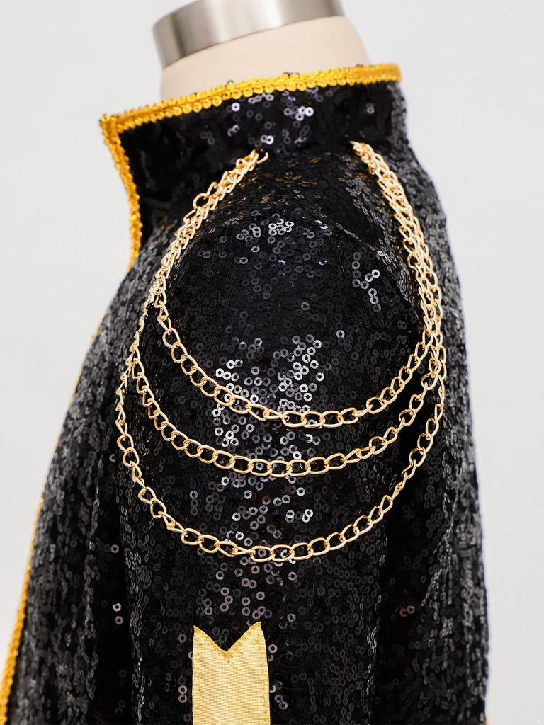 Детские Девочки 3шт Хэллоуин Музыкальный Фестиваль Наряды Певицы С Длинным Рукавом Блестки Верхняя Одежда с Топом и Шортами