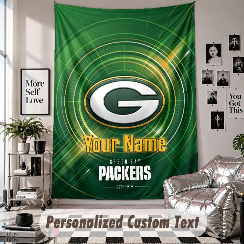 Wall Hanging Tapestry With Custom Name & Text, Green Bay Packers Decorative Tapestry For Bedroom