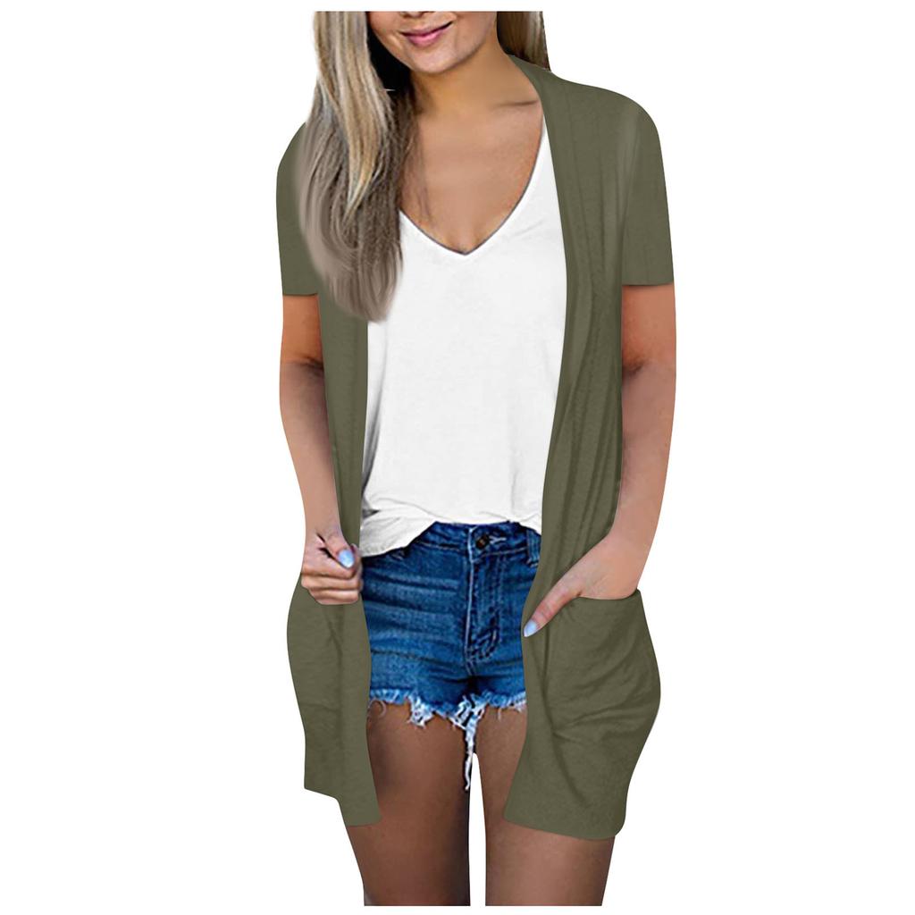 Женская мода Свободный повседневный карманный однотонный кардиган с короткими рукавами Куртка Топ