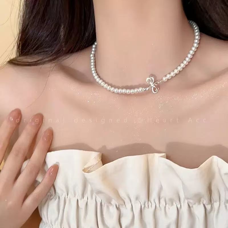 Gentle bow pearl necklace women's light luxury niche design sense collarbone chain fashion temperament high-end neck chain accessories