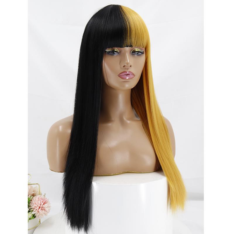 XINRAN Women Synthetic Long Cosplay Wig with Bangs Long Straight Hair Two Tone Ombre Color Half Color Women Synthetic Hair