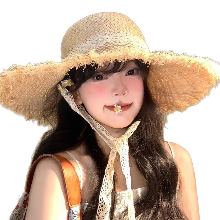 French streamer Lafite straw hat women's summer seaside beach vacation sun hat large brim straw shading sun protection hat