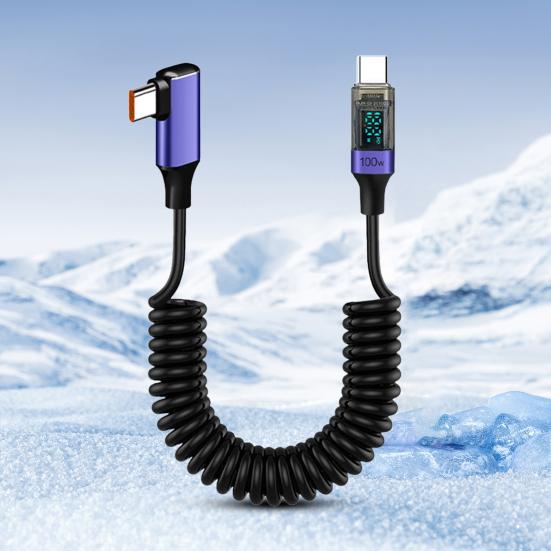 Зарядный кабель с цифровым дисплеем, передача данных 480 Мбит/с, универсальный Type-C, 90-градусный, 100 Вт, пружинный кабель для быстрой зарядки