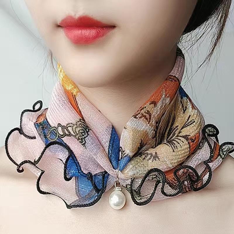 Square Women Fun Ears Edge Pearl Elegant Printed Neck Ties Pendant Temperament Cute Silk Scarf Versatile Handmade