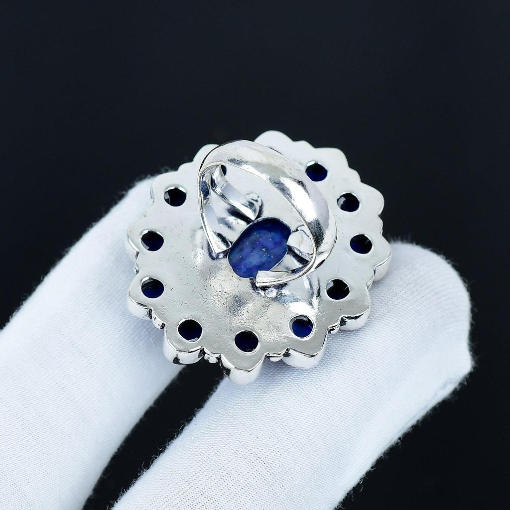 Кольцо с натуральным лазуритом, кольцо из стерлингового серебра 925 пробы, подарок для нее, овальный камень, элегантное кольцо ручной работы, серебряное кольцо с лазуритом в виде цветка, подарок