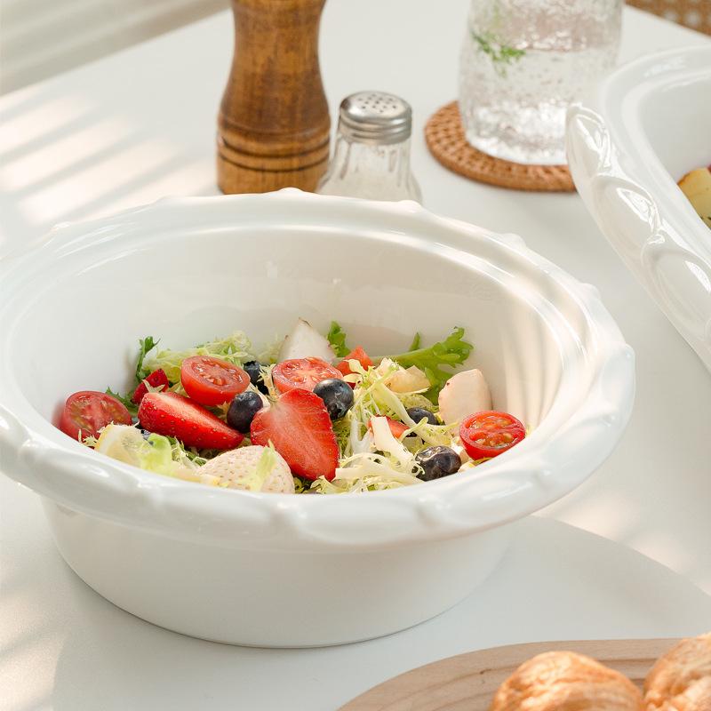 Creative Pearl Edge Fruit Salad Round Bowl Ceramic Soup Bowl Large Rectangle Dry Pot Household Cheese Baked Rice Bowl
