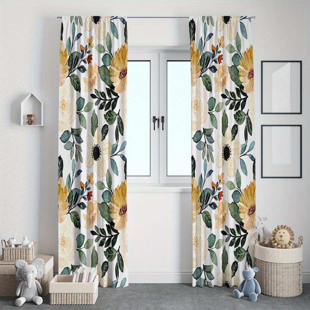 2Pc Yellow Floral And Green Leaf Pattern Curtains, Polyester Fabric, Machine Washable, Suitable For Living Room, Bedroom