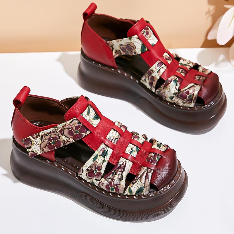 Retro Sandals 2024 Summer New Hook & Loop Round Toe Genuine Leather Comfortable Thick Bottom 6cm Women's Platform Shoes