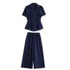 Дизайнерский модный костюм женский новый темперамент талия тонкая рубашка с коротким рукавом брюки клеш комплект из двух предметов