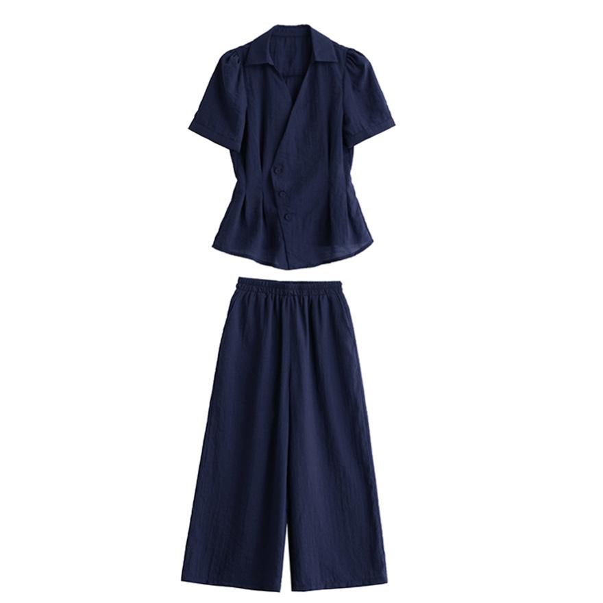Дизайнерский модный костюм женский новый темперамент талия тонкая рубашка с коротким рукавом брюки клеш комплект из двух предметов