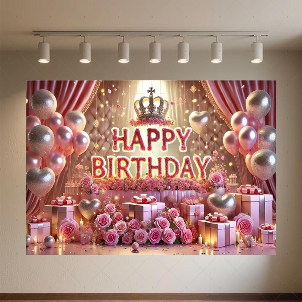 Crown Pink Balloons Background Banner Girls Birthday Party Decorations Flower Photography Backdrop Supplies Photo Shoot Props