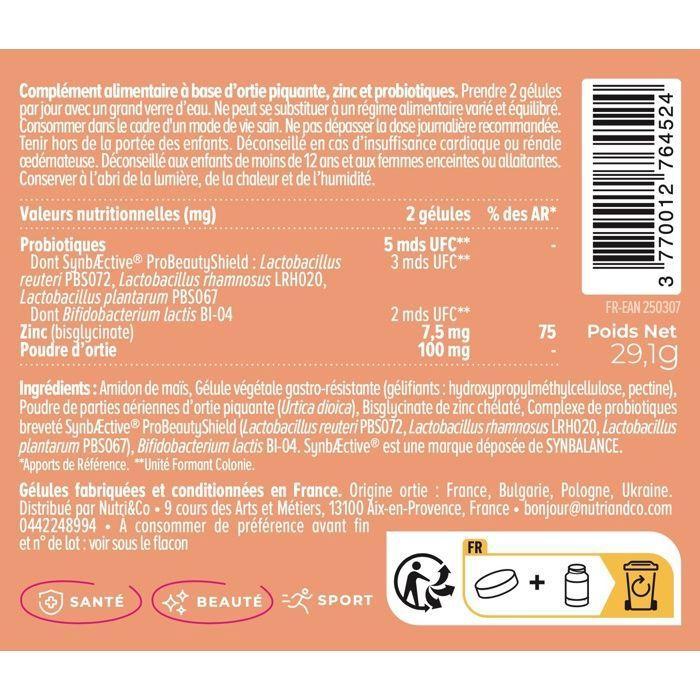 Probiotique Peau Nette - Imperfections &amp; Acné - Zinc + Ortie - 60 gélules Vegan - Nutri&amp;Co