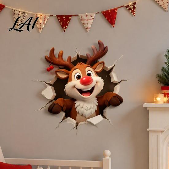 Holiday Home Decoration Christmas Reindeer Wall Decal 3D Hole Illusion Red Nose Rudolph Sticker Stickers Peel And Stick Waterproof PVC Decor