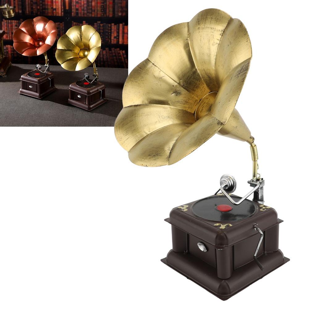 2pcs Iron Record Player Model Red Bronze Gramophone Ornament Gramophone Turntable Home Decor