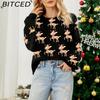 BITCED Women's Red Christmas Sweater with Deer Jacquard Pattern Relaxed Fit, Cute Long-Sleeved Pullover Knit