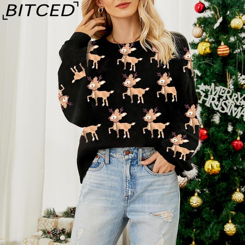 BITCED Women's Red Christmas Sweater with Deer Jacquard Pattern Relaxed Fit, Cute Long-Sleeved Pullover Knit