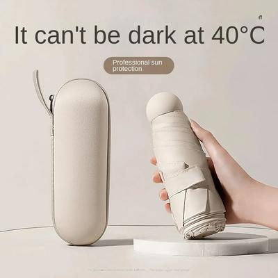 Mini Capsule Portable Umbrella Sun Rain Dual Use Black Rubber Alloy Handle