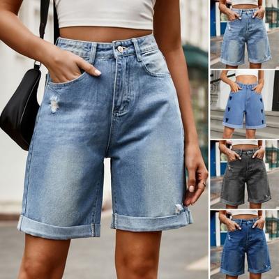 Летние женские джинсовые шорты средней талии длиной до колена эластичные повседневные широкие прямые