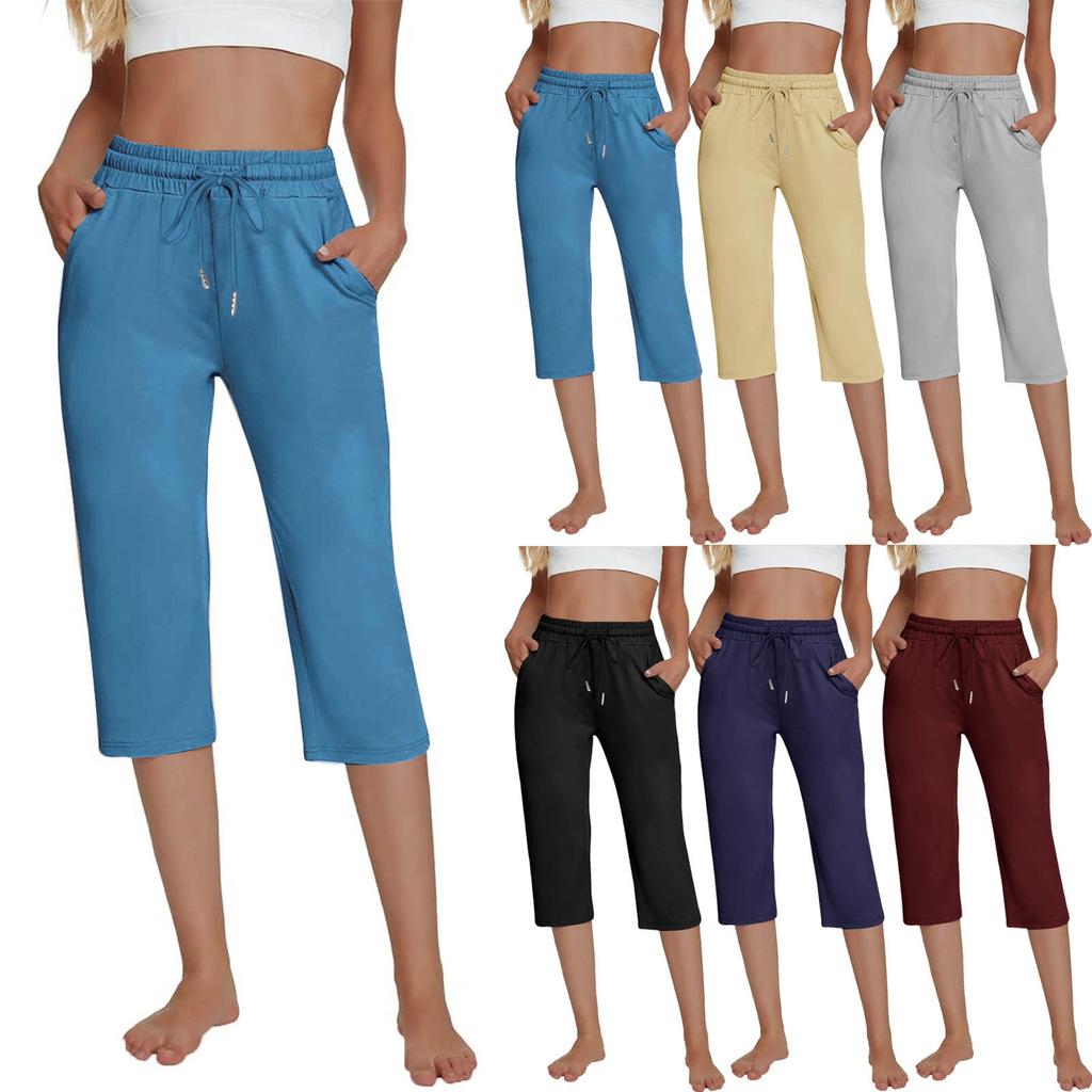 Women's Casual Solid Color Pocket Straight Leg Sports Capris Loose Cropped Pants