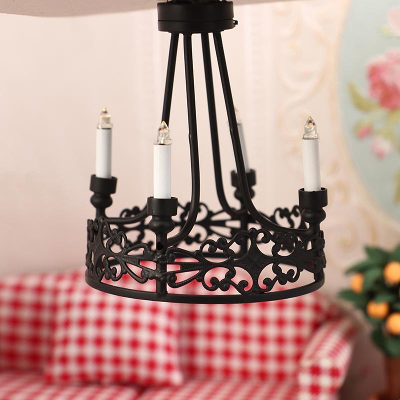1:12 Dollhouse Miniature Led Light Wall Lamp Black Four-Head Round Chandelier Home Lighting Model Furniture Decor Toy