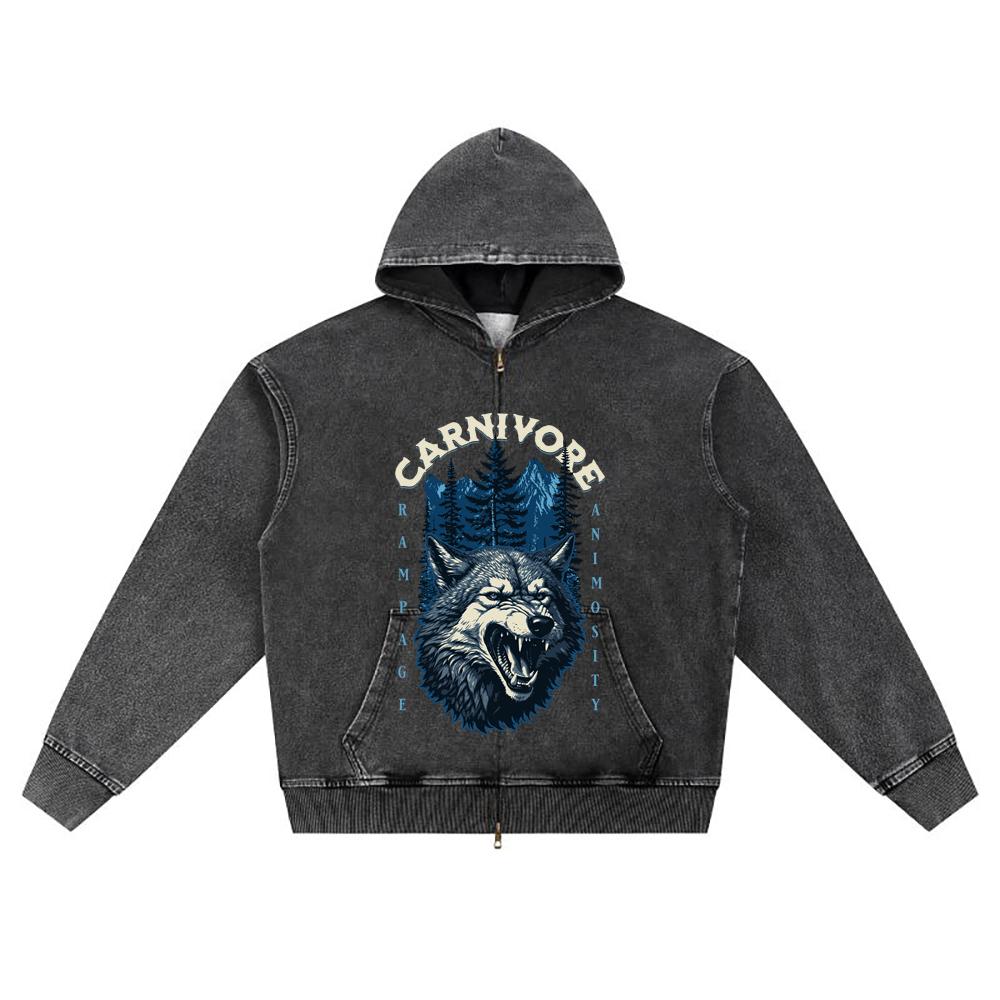 DTG Print Knitted Denim Zip-Up Hoodie Carnivore Brother Print Zipper Hoodies