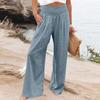 Summer Cotton Linen Wide Leg Pants Women Loose Palazzo Pant Pocket Elastic Waist Button Casual Pants