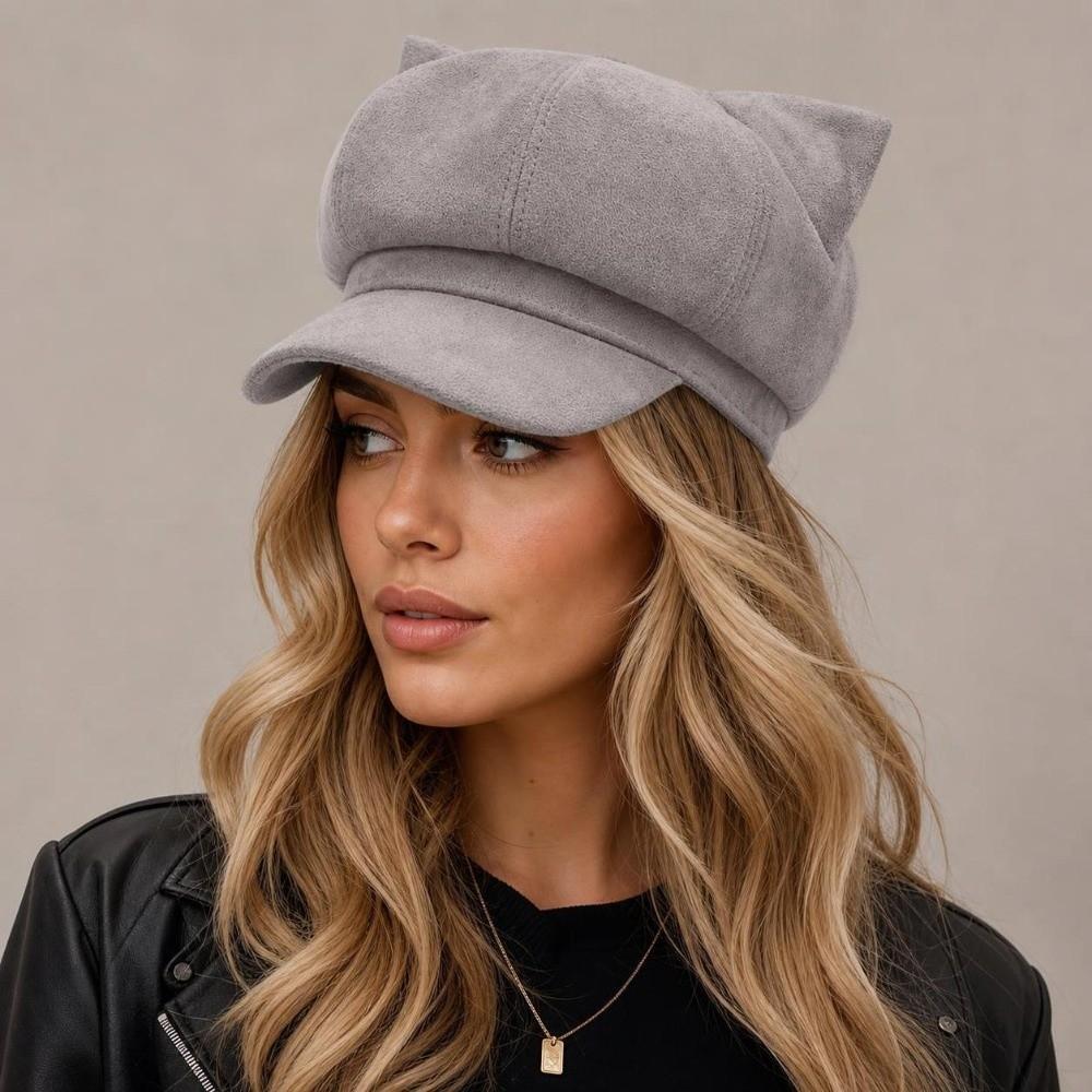 Adjustable Newsboy Cap Solid Color Octagonal Hat Cute Cat Ear Beret Women