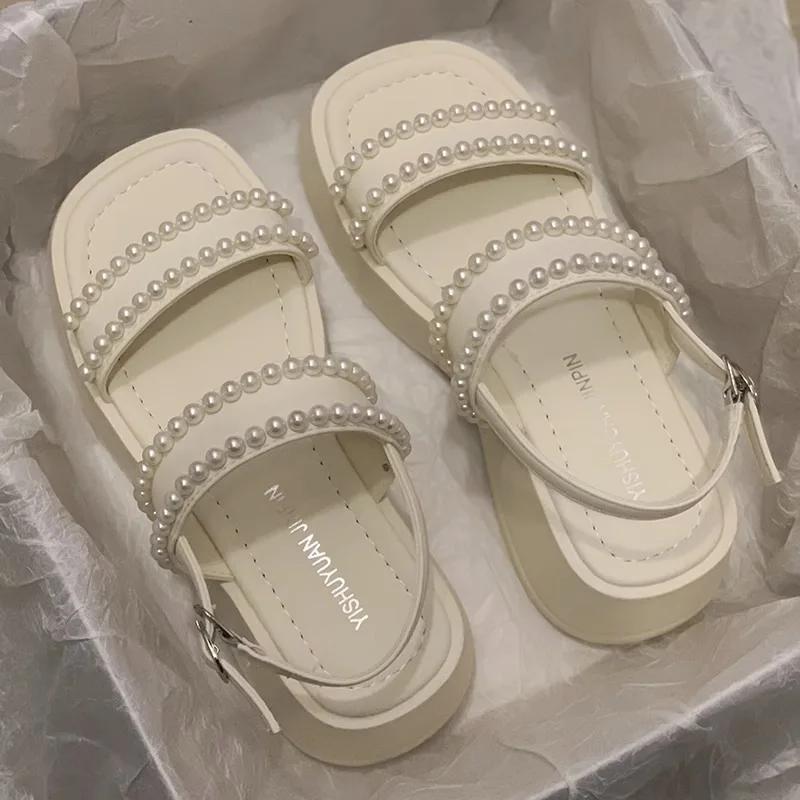 Women Fashion Pearls Back Strap Strap Sandals Female Spring Summer New Platform Slippers Woman Casual Open Toe Platform Sandals