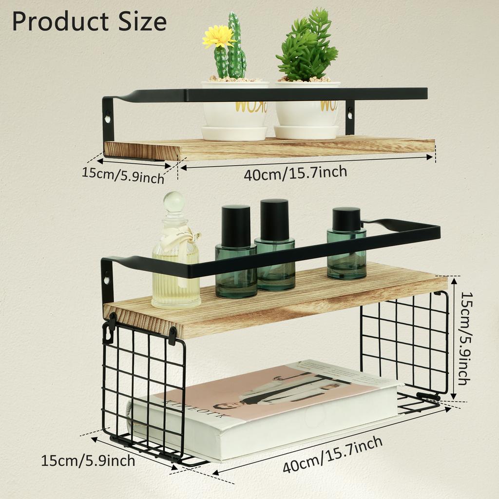 Floating Shelves Wall Mounted Bathroom Shelves with Paper Storage Basket Wooden Wall Shelves for Bathroom Kitchen Storage Rack