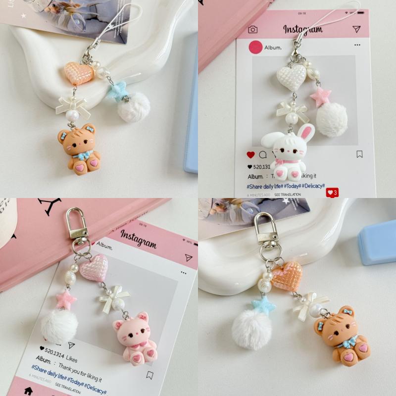 Cute Rabbit Kitty Bear Pendant Key Chain Fluffy Ball Bow Bead Mobile Phone Chain Anti-Lost Lanyard Kawaii Bag Charm Gift
