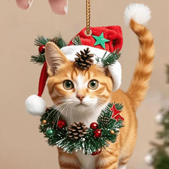 Yousheng Christmas Cat Pendant 2D Acrylic Hanging Ornament Santa Hat Cat Car Rearview Mirror Charm Tree Decoration Gift for Cat Lovers
