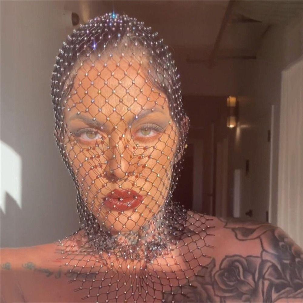Shining Headcover Mesh  Headwrap Crystal Head Mask Rhinestone Mesh Veil Fishnet Headhood