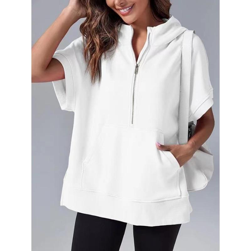 Женская весенняя новая однотонная повседневная толстовка с коротким рукавом и капюшоном