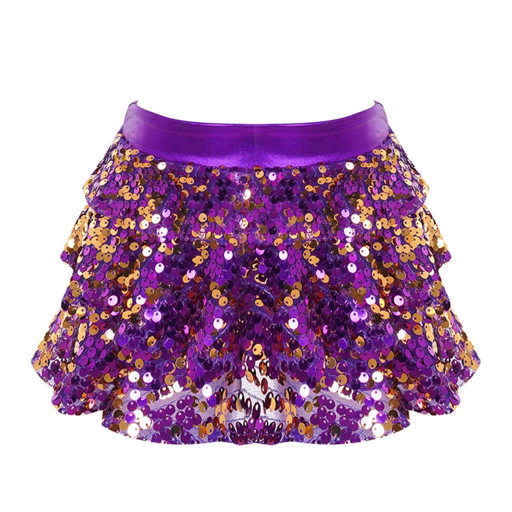 Детские шорты для выступлений для девочек, блестящие пайетки, многоярусные оборки, металлический эластичный пояс, кюлоты, одежда для танцев