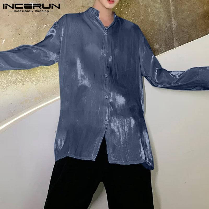 INCERUN Мужские рубашки с блестками, с длинным рукавом, на пуговицах, однотонные, с открытой спиной, бандажные топы