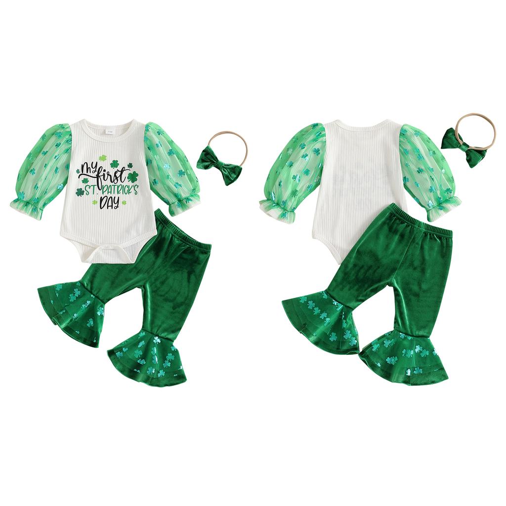 Baby Girls Irish Day Outfits Shamrock Mesh Letter Print Long Sleeves Romper and Elastic Flared Pants Headband Set