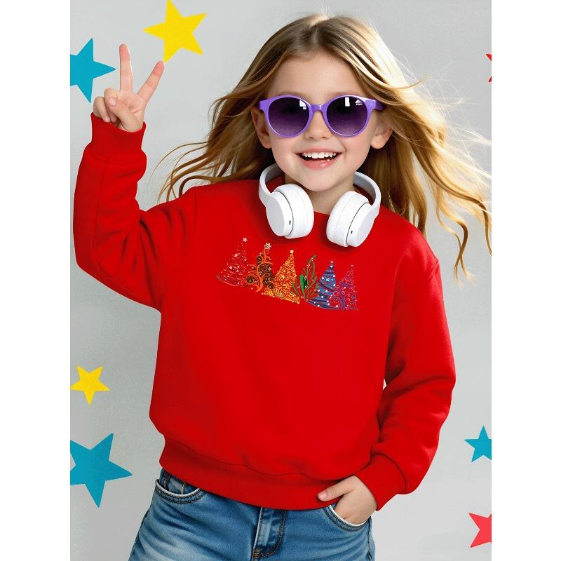 Colorful Christmas Trees Pattern 2026 New Girls' Long-sleeve Casual Crewneck Sweatshirt, Suitable for Outdoor Sports