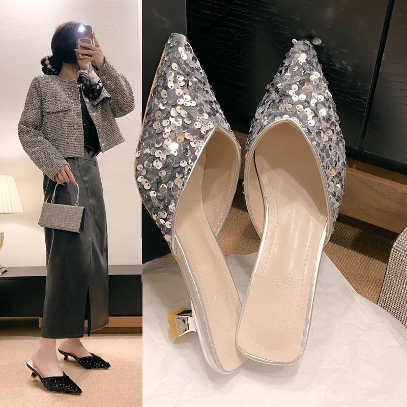 Fashion Women's Summer Baotou Half Slippers 2024 New Wear Non-slip Foreign Fashion High-heeled Sandals Zapatos De Mujer Women Shoes
