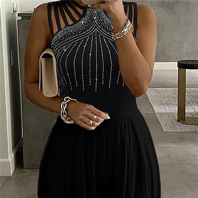 Новый сексуальный тонкий комбинезон без рукавов больших размеров, свободный полый плиссированный комбинезон с широкими штанинами