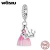 925 Sterling Silver Pink Dress Crown Princess Charm Bead Pendant Fit Original Bracelet Necklace For Women Jewelry