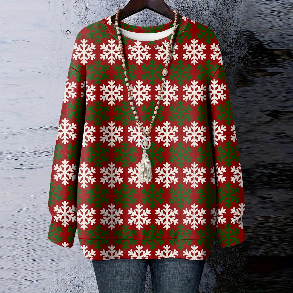 Ladies' Christmas Printed Round Neck Long Sleeved T-shirt Sweatshirt Top
