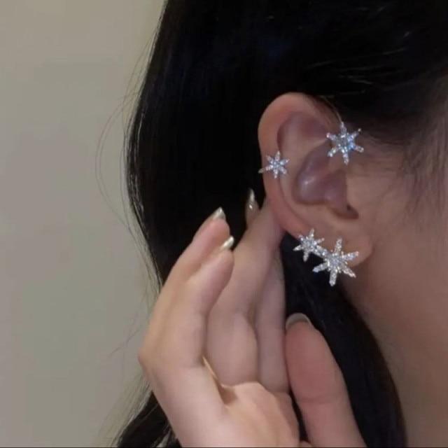 Korean Cartilage Earrings Y2k Non Piercing Crystal Bow Snowflake Clip Earrings For Women Ear Cuff Aesthetic Jewelry Stray