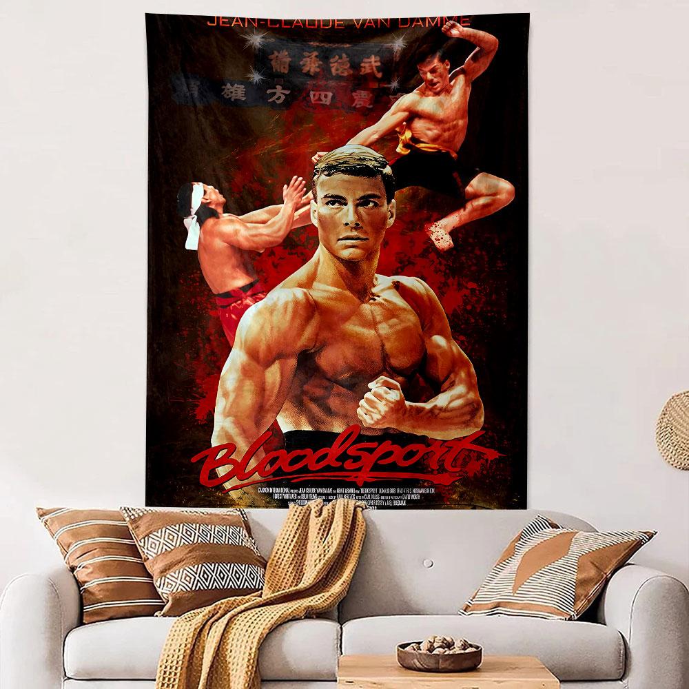 Martial artist poses with dynamic red and orange action-themed design. Patterned tapestry for bedroom and living room home decor