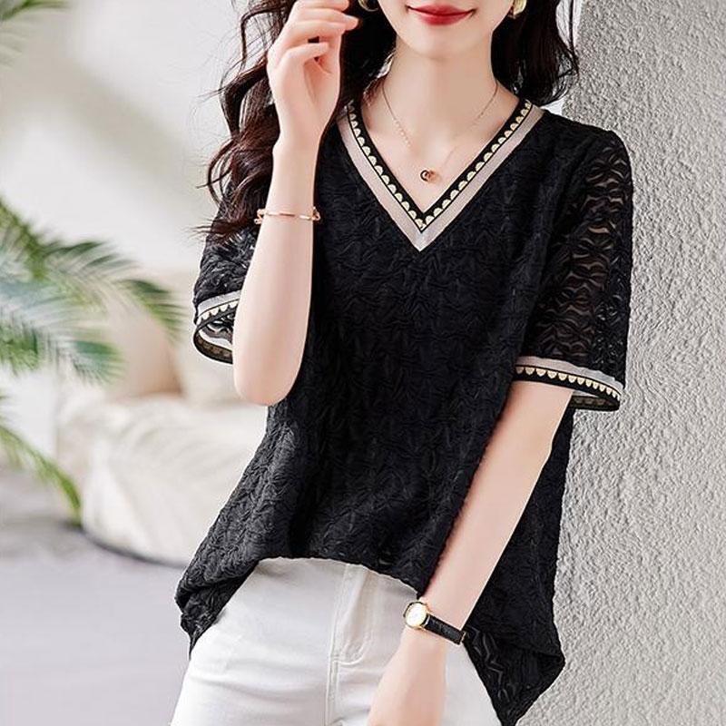 Корейская модная рубашка однотонного цвета с вставками, летняя тонкая с коротким рукавом, для работы, женская одежда, повседневная блузка с V-образным вырезом, свободного кроя, подходящая ко всему